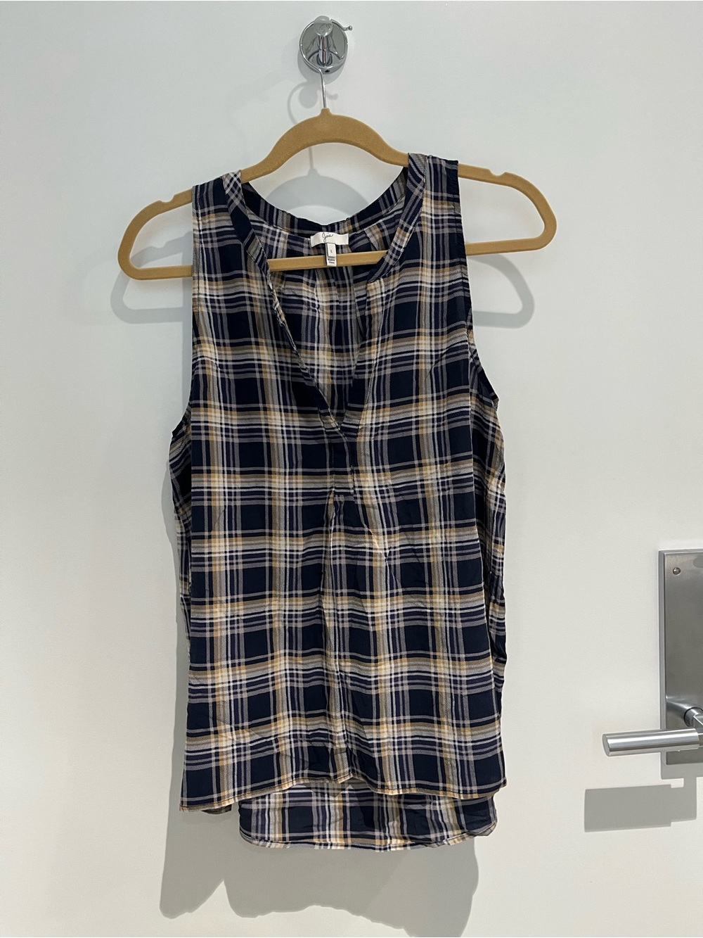 Joie Aruna Split Neck Sleeveless Silk Plaid Blouse/Tank